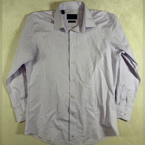 David Donahue 16 32/33 Light Blue Plaid Cotton Non-Iron Trim Fit Dress Shirt